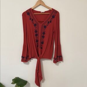 Altar'd State Red Tie-Front Embroidered V-Neck Blouse